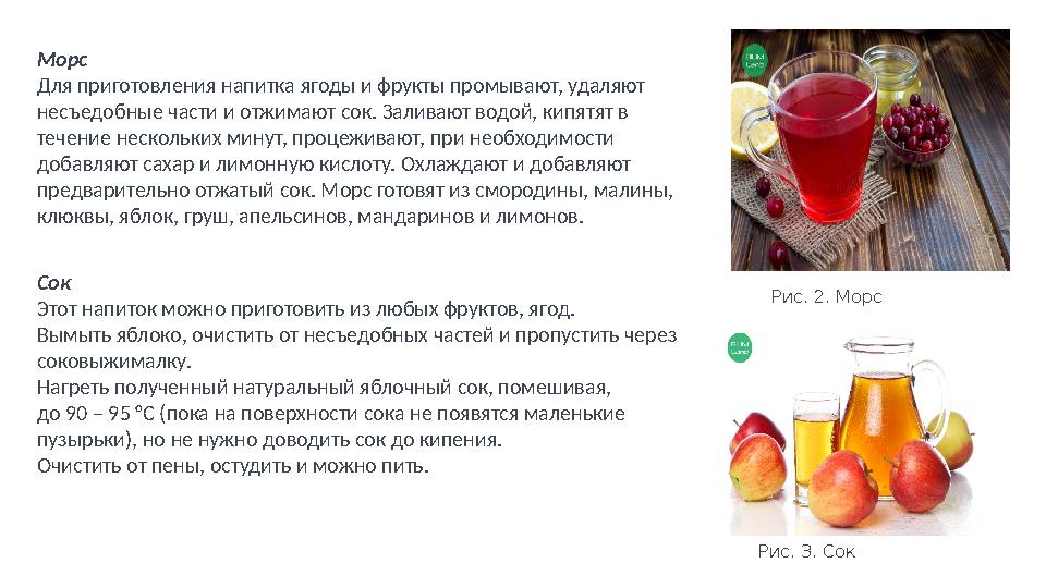 Морс Для приготовления напитка ягоды и фрукты промывают, удаляют несъедобные части и отжимают сок. Заливают водой, кипятят в т