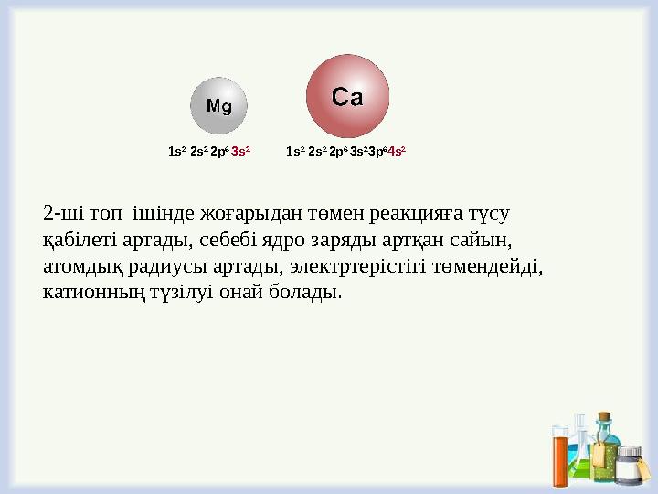 1s 2 2s 2 2p 6 3s 2 1s 2 2s 2 2p 6 3s 2 3p 6 4s 2 2-ші топ ішінде жоғарыдан төмен реакцияға түсу қабілеті артады, себебі