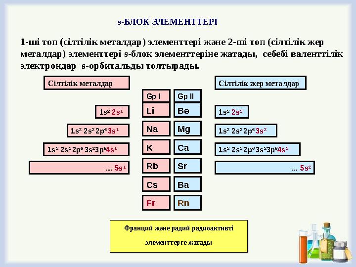 Be Gp I Mg Ca Sr Ba Rn Li Na K Rb Cs Fr Gp II Сілтілік жер металдарСілтілік металдар 1s 2 2s 2 … 5s 2 1s 2 2s 2 2p 6 3s 2 1s