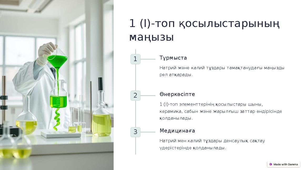1 (I)-топ қосылыстарының маңызы 1 Тұрмыста Натрий және калий тұздары тамақтанудағы маңызды рөл атқарады. 2 Өнеркәсіпте 1 (I)-т