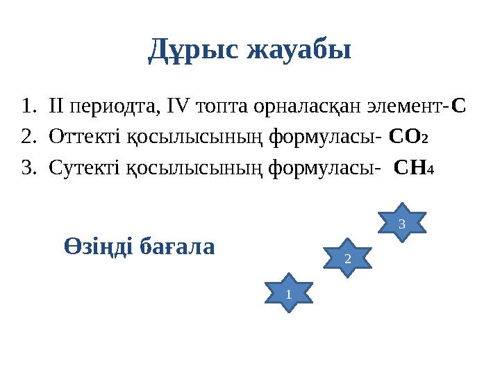 1.ІІ периодта, ІV топта орналасқан элемент-С 2.Оттекті қосылысының формуласы- СО2 3.Сутекті қосылысының формуласы- СН4 Дұрыс жа