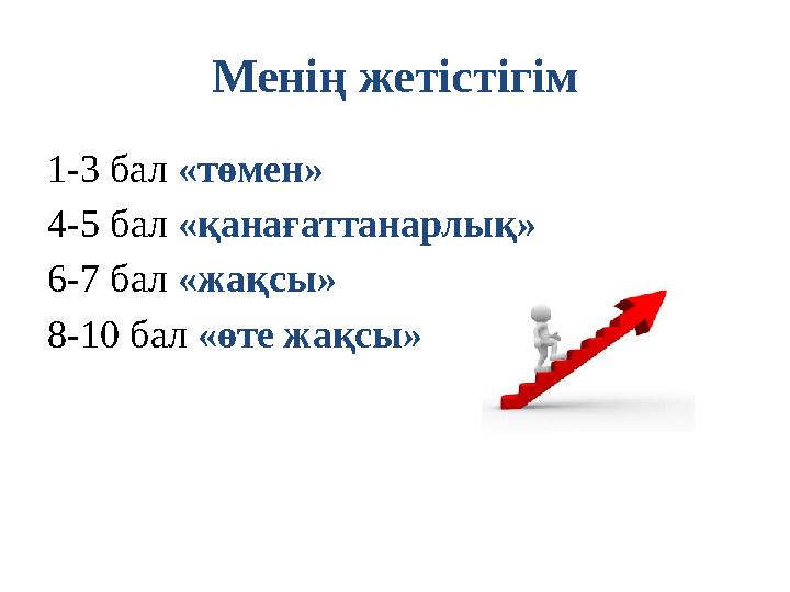 Менің жетістігім 1-3 бал «төмен» 4-5 бал «қанағаттанарлық» 6-7 бал «жақсы» 8-10 бал «өте жақсы»