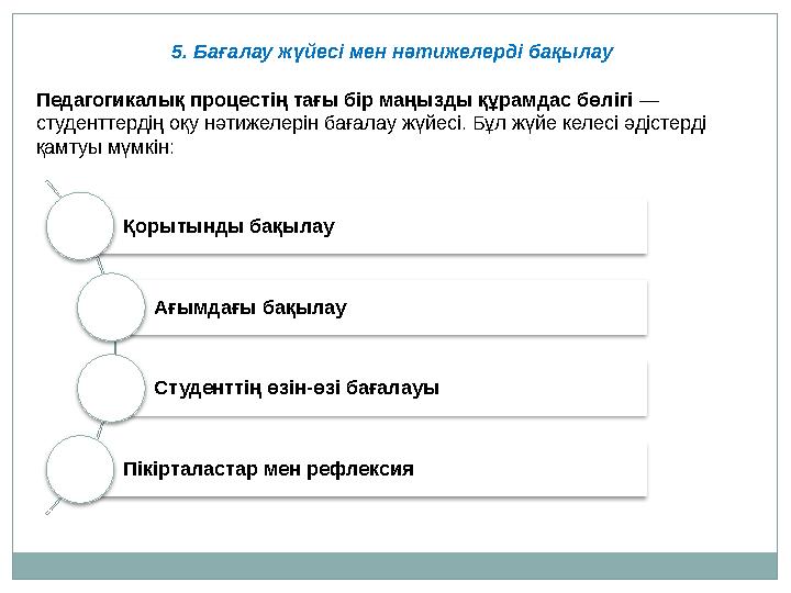 5. Бағалау жүйесі мен нәтижелерді бақылау Педагогикалық процестің тағы бір маңызды құрамдас бөлігі — студенттердің оқу нәтижеле
