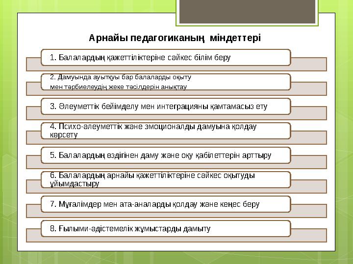 1. Балалардың қажеттіліктеріне сәйкес білім беру 2. Дамуында ауытқуы бар балаларды