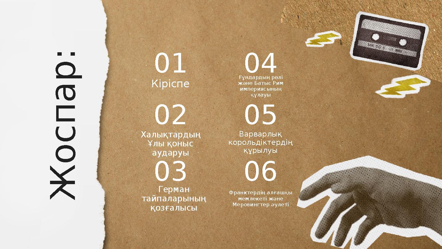 Ж о с п а р : Кіріспе 01 Ғұндардың рөлі және Батыс Рим империясының құлауы 04 Халықтардың Ұлы қоныс аударуы 02 Варварлық к