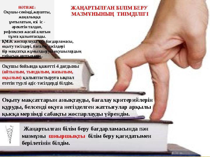 Жаңартылған білім беру бағдарламасында пән мазмұны шиыршықты білім беру қағидатымен берілетінін білдім. Оқыту мақсаттарын ан