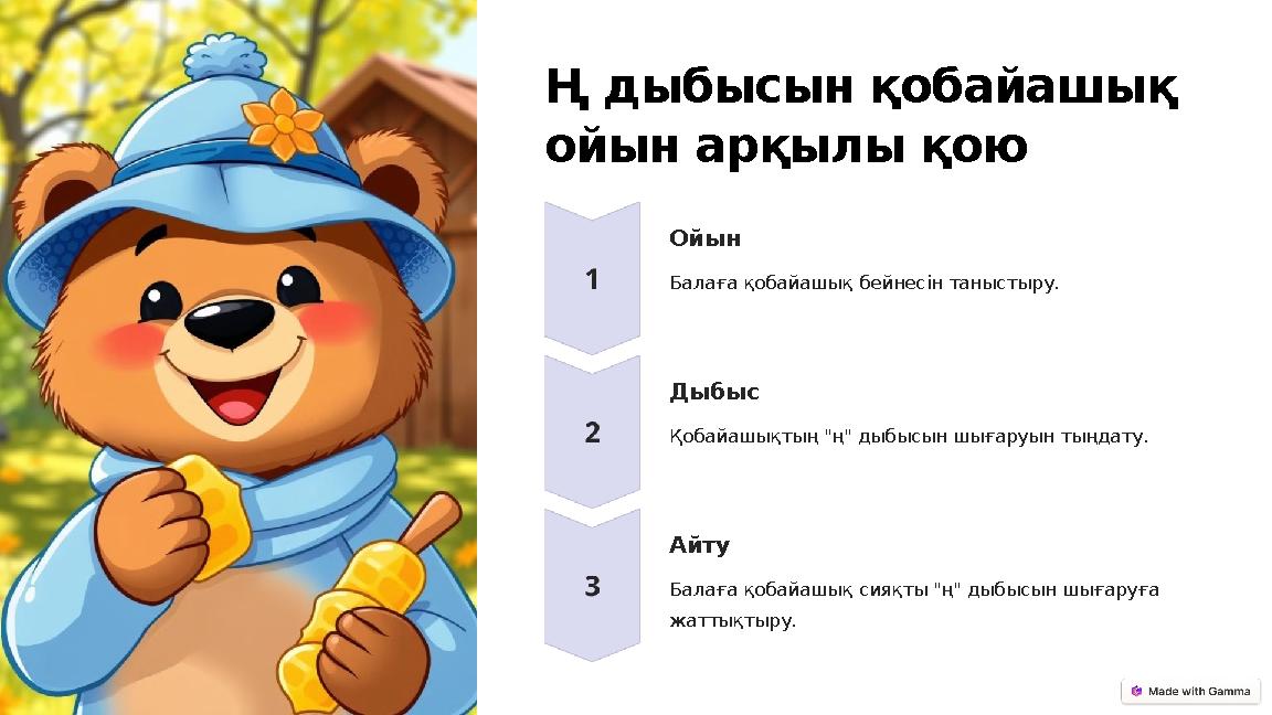 Ң дыбысын қобайашық ойын арқылы қою Ойын Балаға қобайашық бейнесін таныстыру. Дыбыс Қобайашықтың "ң" дыбысын шығаруын тыңдату.