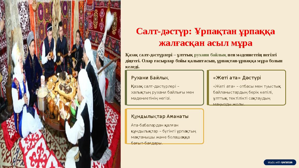 Салт-дәстүр: Ұрпақтан ұрпаққа жалғасқан асыл мұра Қазақ салт-дәстүрлері – ұлттық рухани байлық пен мәдениеттің негізгі діңгегі