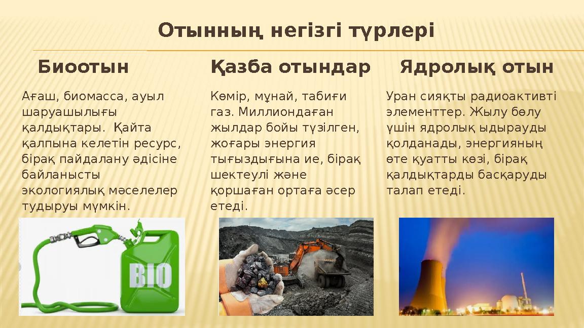Отынның негізгі түрлері Биоотын Ағаш, биомасса, ауыл шаруашылығы қалдықтары. Қайта қалпына келетін ресурс, бірақ пайдалану