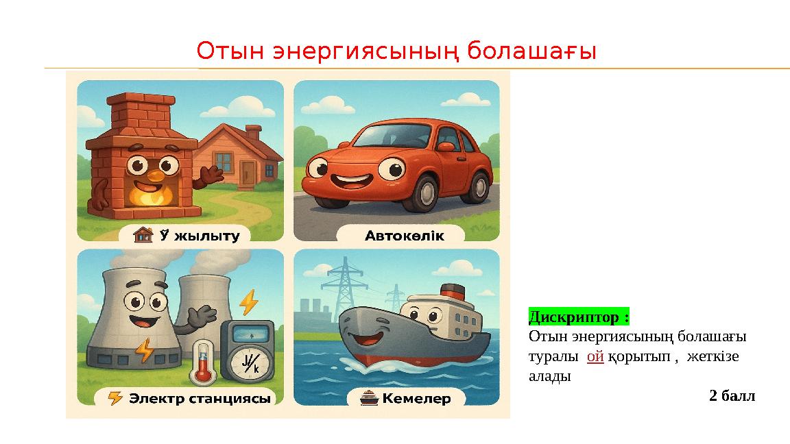 Отын энергиясының болашағы Дискриптор : Отын энергиясының болашағы туралы ой қорытып , жеткізе алады 2 балл