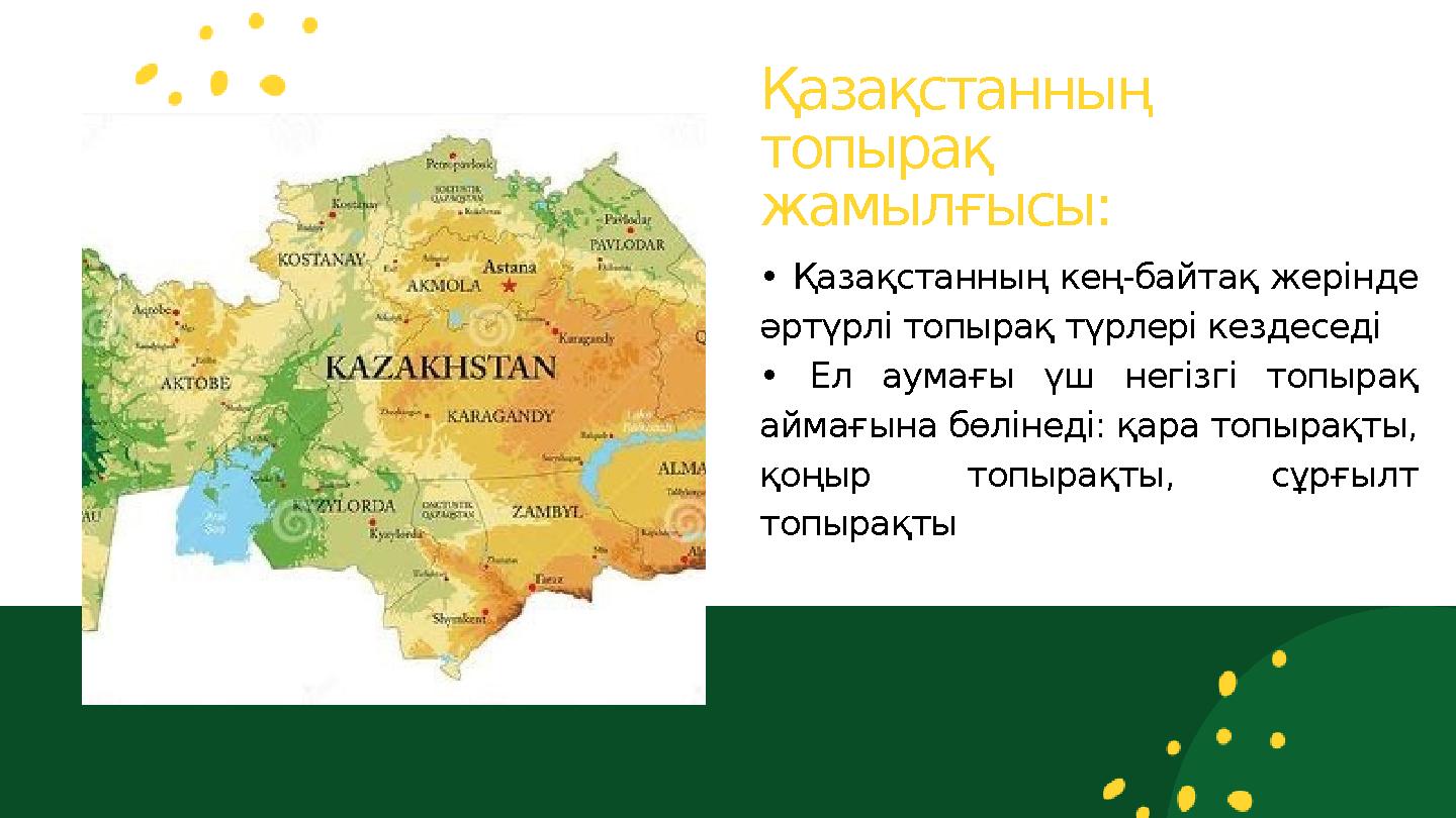 Қазақстанның топырақ жамылғысы: • Қазақстанның кең-байтақ жерінде әртүрлі топырақ түрлері кездеседі • Ел аумағы үш негізгі то
