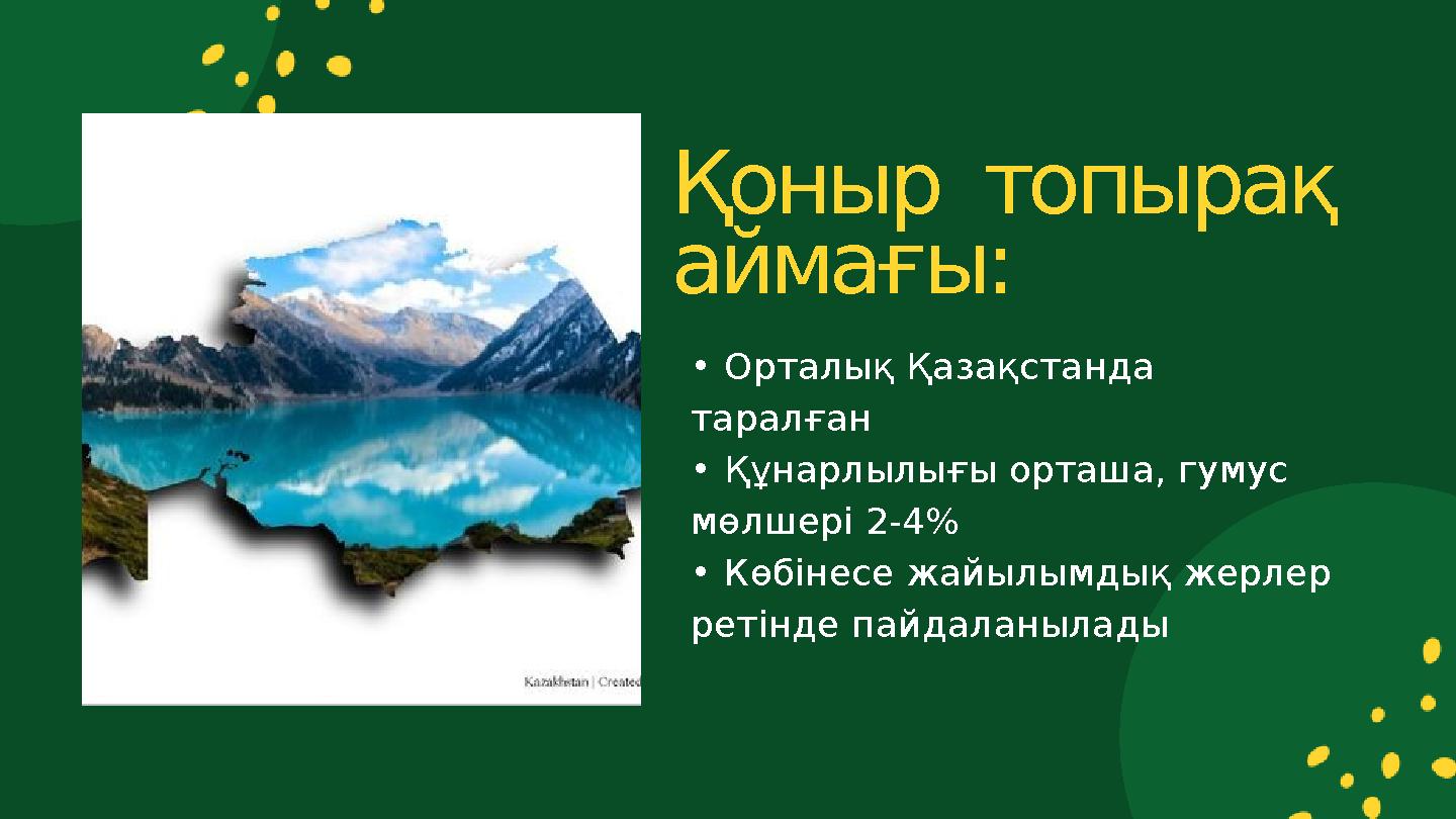 • Орталық Қазақстанда таралған • Құнарлылығы орташа, гумус мөлшері 2-4% • Көбінесе жайылымдық жерлер ретінде пайдаланылады Қо