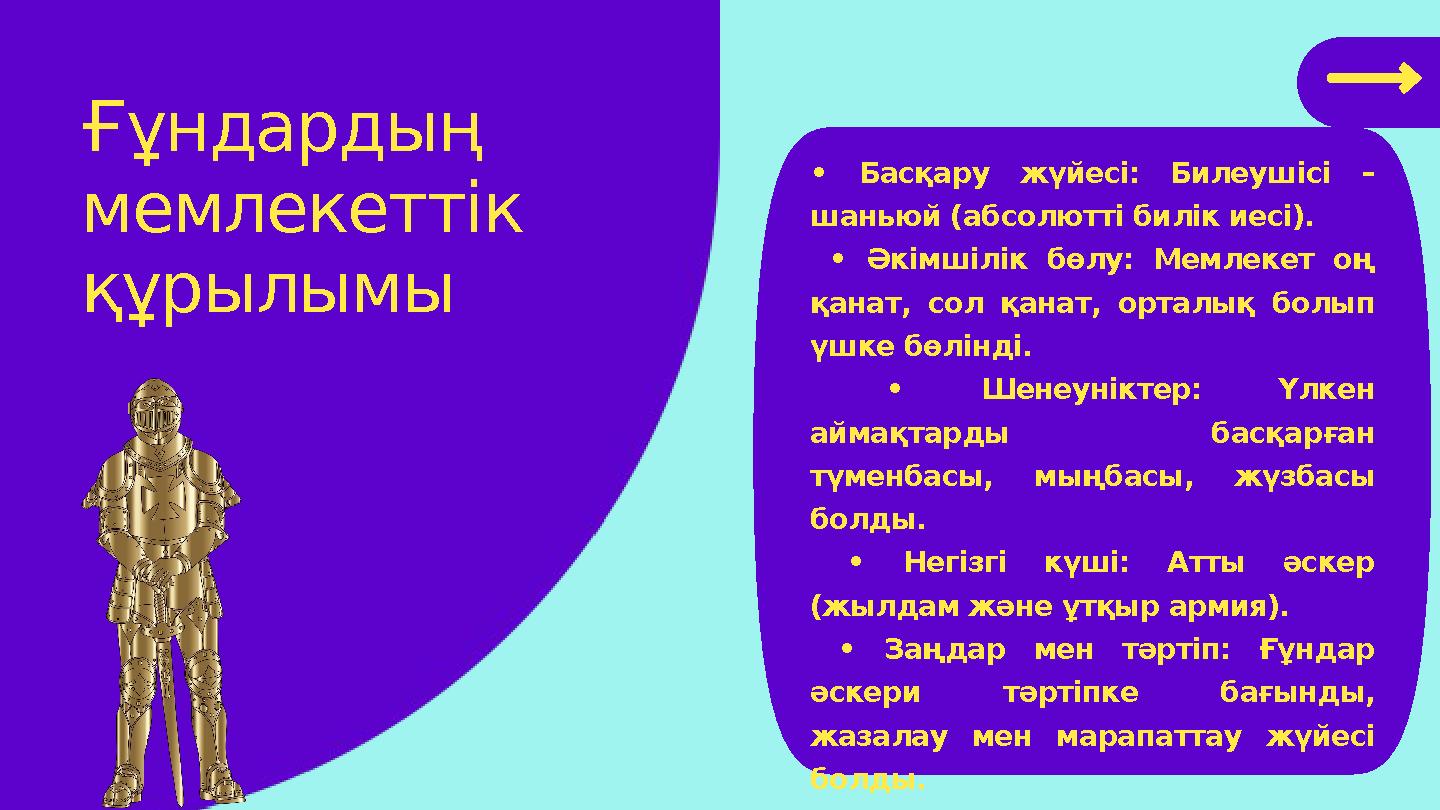 Ғұндардың мемлекеттік құрылымы • Басқару жүйесі: Билеушісі – шаньюй (абсолютті билік иесі). • Әкімшілік бөлу: Мемлекет оң қ