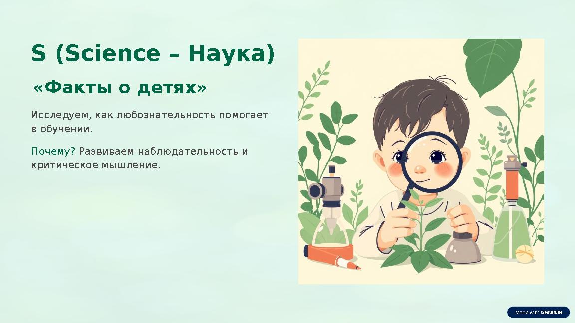 S (Science – Наука) «Факты о детях» Исследуем, как любознательность помогает в обучении. Почему? Развиваем наблюдательность и