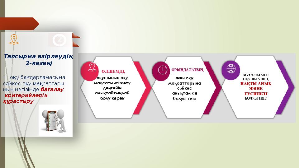 2 Тапсырма әзірлеудің 2-кезеңі -оқу бағдарламасына сәйкес оқу мақсаттары- ның негізінде бағалау критерийлерін