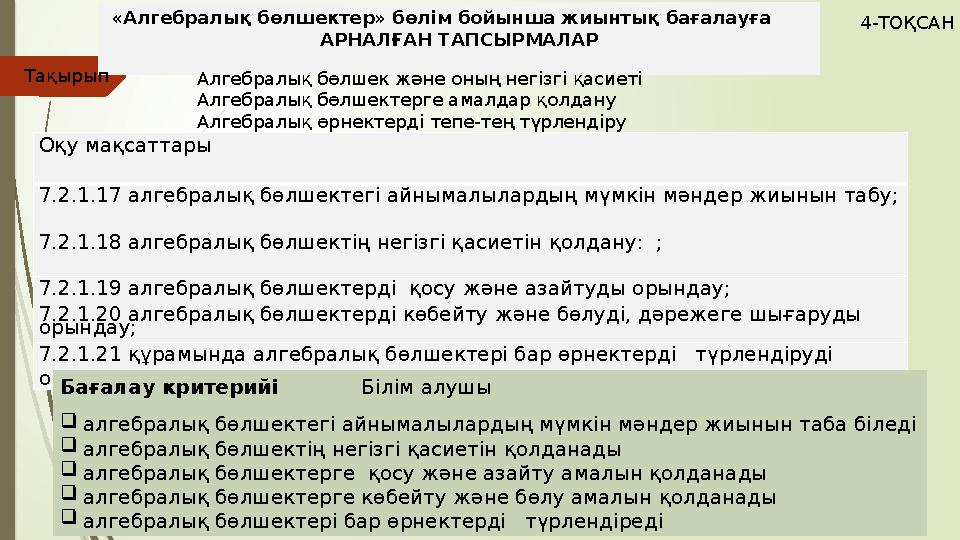 Оқу мақсаттары 7.2.1.17 алгебралық бөлшектегі айнымалылардың мүмкін мәндер жиынын табу; 7.2.1.18 алгебралық бөлшект