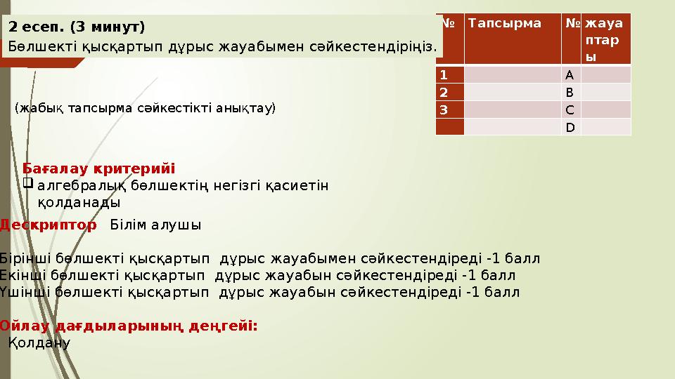 Дескриптор Білім алушы Бірінші бөлшекті қысқартып дұрыс жауабымен сәйкестендіреді -1 балл Екінші бөлшекті қысқарт