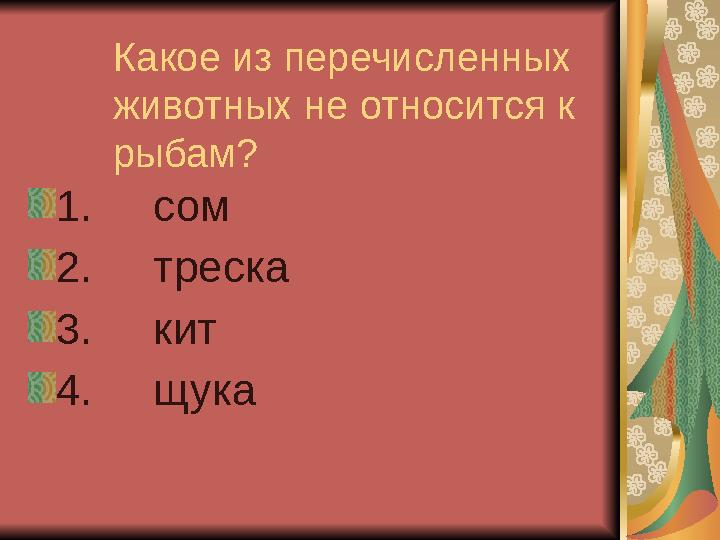 Какое из перечисленных животных не относится к рыбам? 1. сом 2. треска 3. кит 4. щука