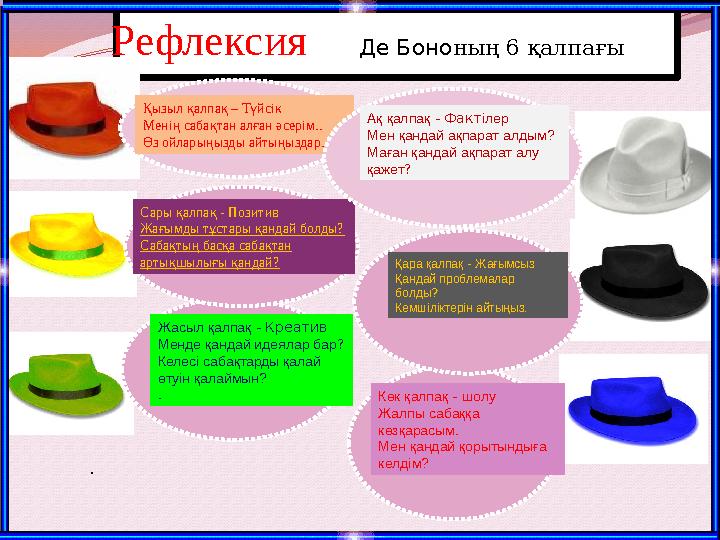 Жасыл қалпақ - Креатив Менде қандай идеялар бар? Келесі сабақтарды қалай өтуін қалаймын? . Сары қалпақ - Позитив Жағымды тұст