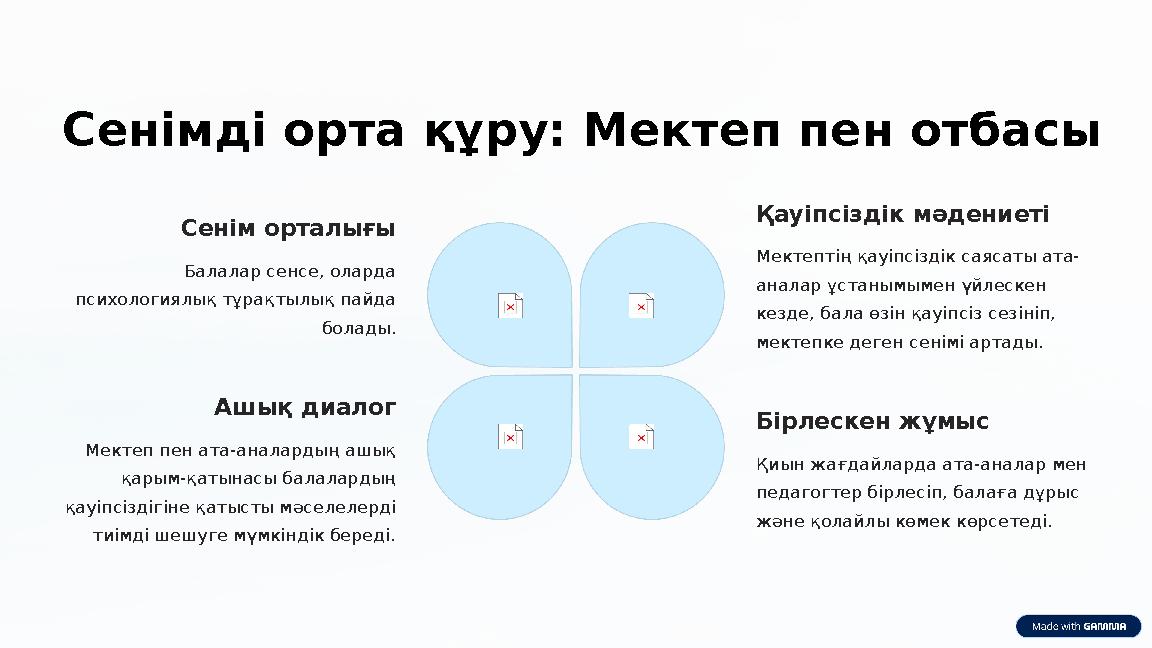 Сенімді орта құру: Мектеп пен отбасы Сенім орталығы Балалар сенсе, оларда психологиялық тұрақтылық пайда болады. Қауіпсіздік