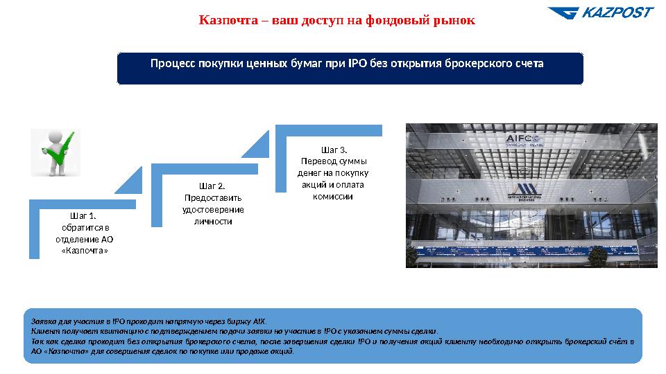 Казпочта – ваш доступ на фондовый рынок Шаг 1. обратится в отделение АО «Казпочта» Шаг 2. Предоставить удостоверение ли