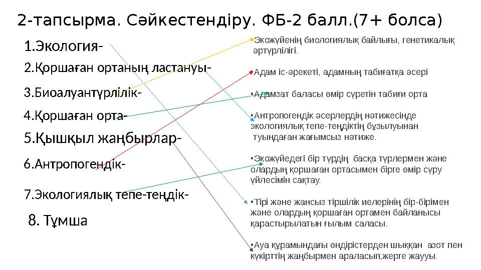 2-тапсырма. Сәйкестендіру. ФБ-2 балл.(7+ болса) •Экожүйенің биологиялық байлығы, генетикалық әртүрлілігі. •Адам іс-әрекеті, ад
