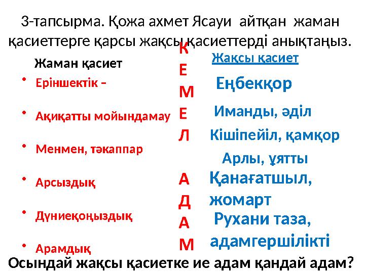 3-тапсырма. Қожа ахмет Ясауи айтқан жаман қасиеттерге қарсы жақсы қасиеттерді анықтаңыз. Жаман қасиет • Еріншектік – • Ақиқат