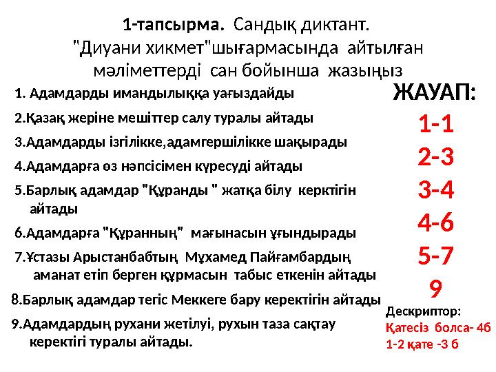 1-тапсырма. Сандық диктант. "Диуани хикмет"шығармасында айтылған мәліметтерді сан бойынша жазыңыз 1. Адамдарды имандылы