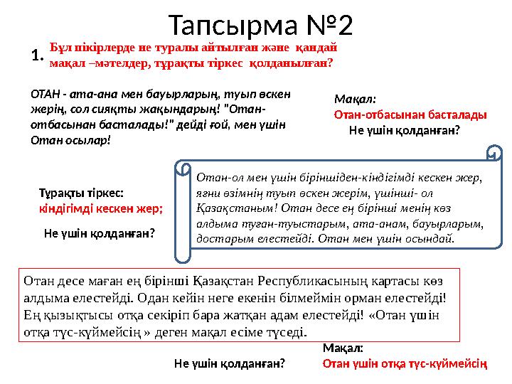 Тапсырма №2 1. ОТАН - ата-ана мен бауырларың, туып өскен жерің, сол сияқты жақындарың! "Отан- отбасынан басталады!" дейді ғой