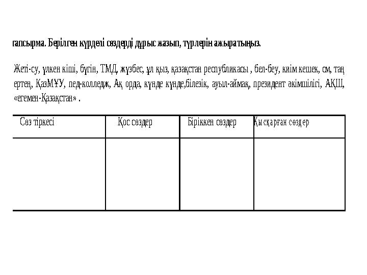 5-тапсырма. Берілген күрделі сөздерді дұрыс жазып, түрлерін ажыратыңыз. Жеті-су, үлкен кіші, бүгін, ТМД, жүзбес, ұл қыз, қазақс