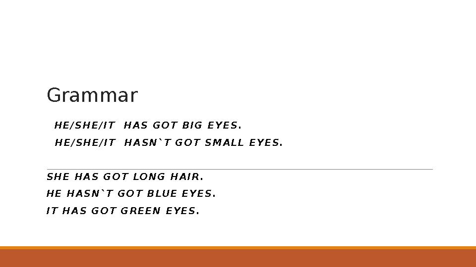 Grammar HE/SHE/IT HAS GOT BIG EYES. HE/SHE/IT HASN`T GOT SMALL EYES. SHE HAS GOT LONG HAIR. HE HASN`T GOT BLUE EYES. IT HA
