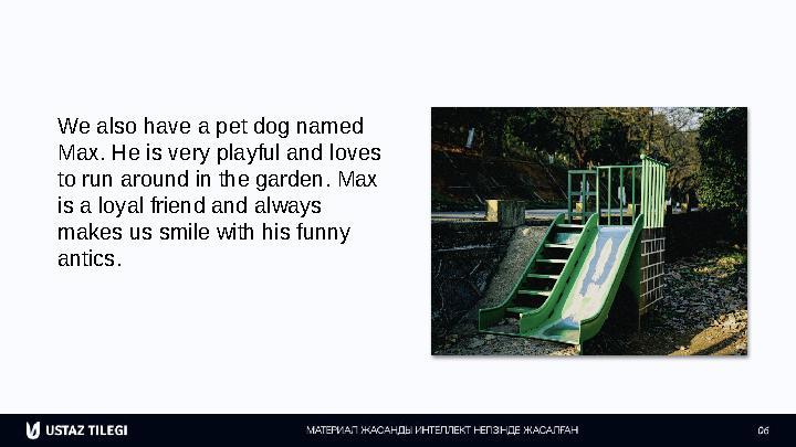 We also have a pet dog named Max. He is very playful and loves to run around in the garden. Max is a loyal friend and always