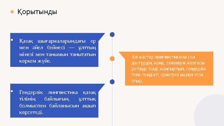 Қорытынды Қазақ шығармаларындағы ер мен әйел бейнесі — ұлттың мінезі мен танымын танытатын көркем жүйе. Ал жастар лингвисти
