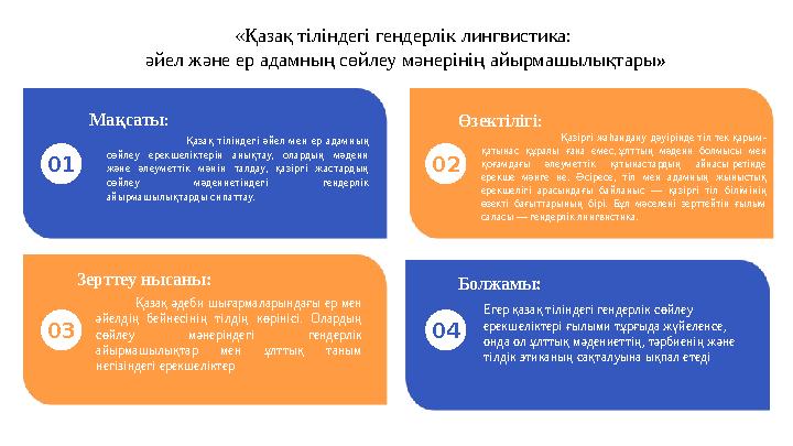 «Қазақ тіліндегі гендерлік лингвистика: әйел және ер адамның сөйлеу мәнерінің айырмашылықтары» 01 02 03 04 Мақсаты: Қазақ тілін