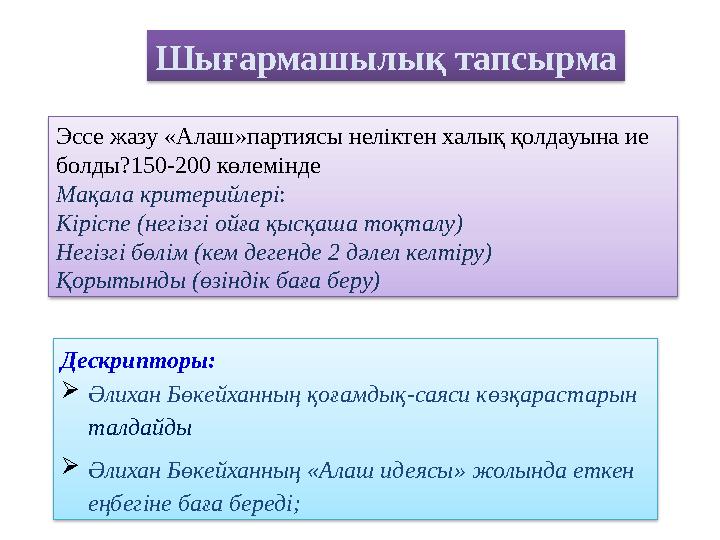 Эссе жазу «Алаш»партиясы неліктен халық қолдауына ие болды?150-200 көлемінде Мақала критерийлері: Кіріспе (негізгі ойға қысқаш