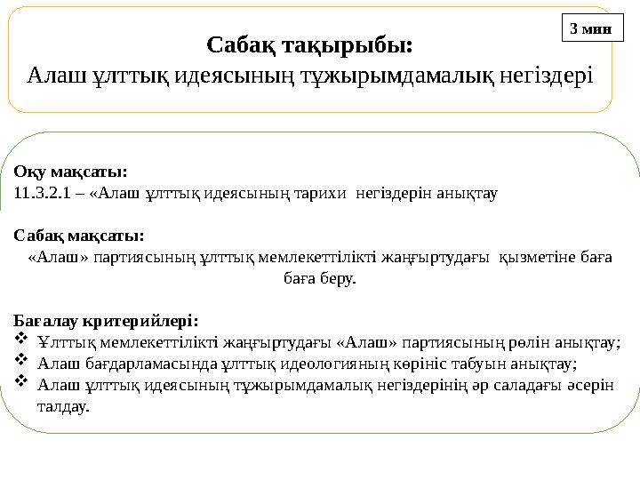 Сабақ тақырыбы: Алаш ұлттық идеясының тұжырымдамалық негіздері Оқу мақсаты: 11.3.2.1 – «Алаш ұлттық идеясының тарихи негіздерін