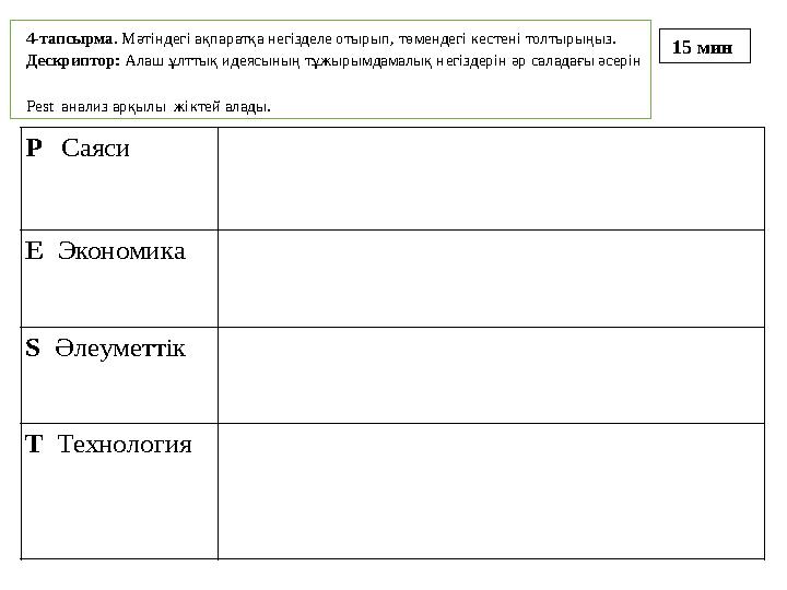 4-тапсырма. Мәтіндегі ақпаратқа негізделе отырып, төмендегі кестені толтырыңыз. Дескриптор: Алаш ұлттық идеясының тұжырымдамалық