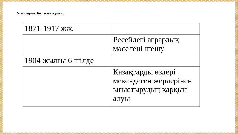 2-тапсырма. Кестемен жұмыс. 1871-1917 жж. Ресейдегі аграрлық мәселені шешу 1904 жылғы 6 шілде Қазақтарды өздері мекендеген же