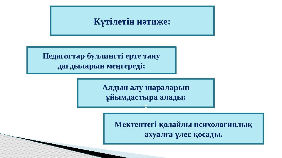 Алдын алу шараларын ұйымдастыра алады; і Педагогтар буллингті ерте тану дағдыларын меңгереді; Мектептегі қолайлы псих