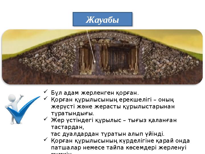 Жауабы Бұл адам жерленген қорған. Қорған құрылысының ерекшелігі – оның жерүсті және жерасты құрылыстарынан тұратындығы. 