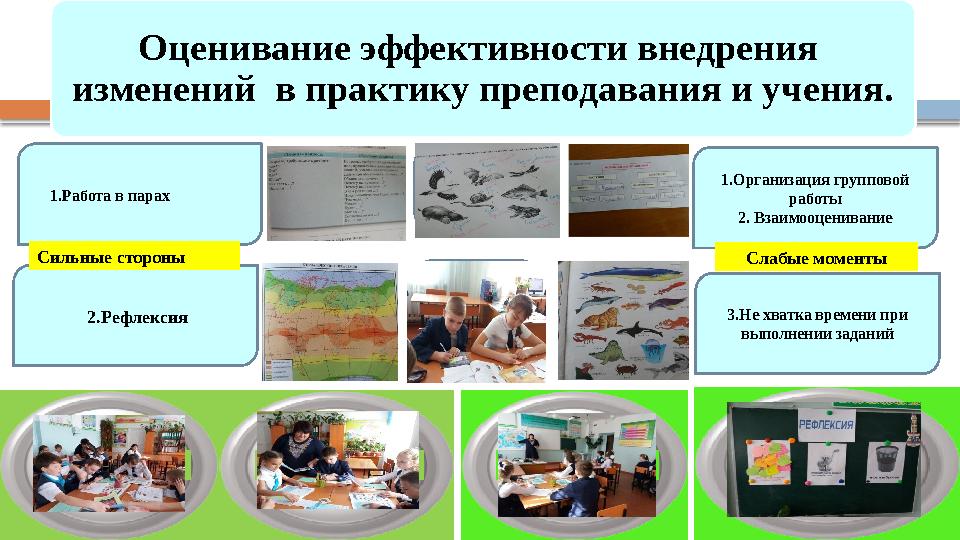 Оценивание эффективности внедрения изменений в практику преподавания и учения. 1.Работа в парах 2.Рефлексия 1.Органи
