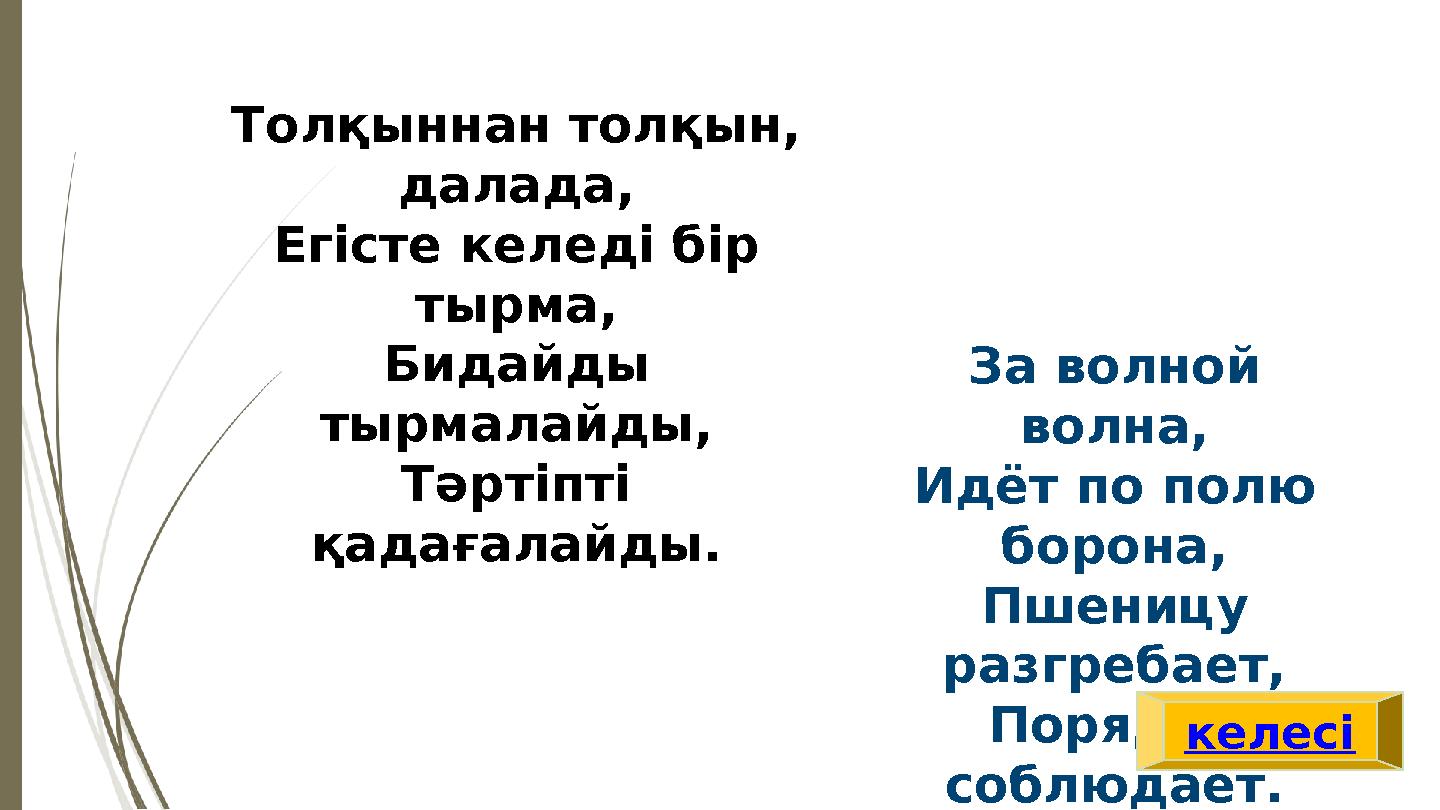 За волной волна, Идёт по полю борона, Пшеницу разгребает, Порядок соблюдает. Толқыннан толқын, далада, Егісте келеді бір