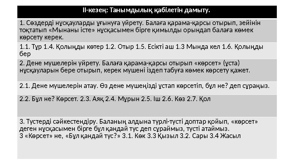 ІІ-кезең: Танымдылық қабілетін дамыту. 1. Сөздерді нұсқауларды ұғынуға үйрету. Балаға қарама-қарсы отырып, зейінін тоқтатып «М
