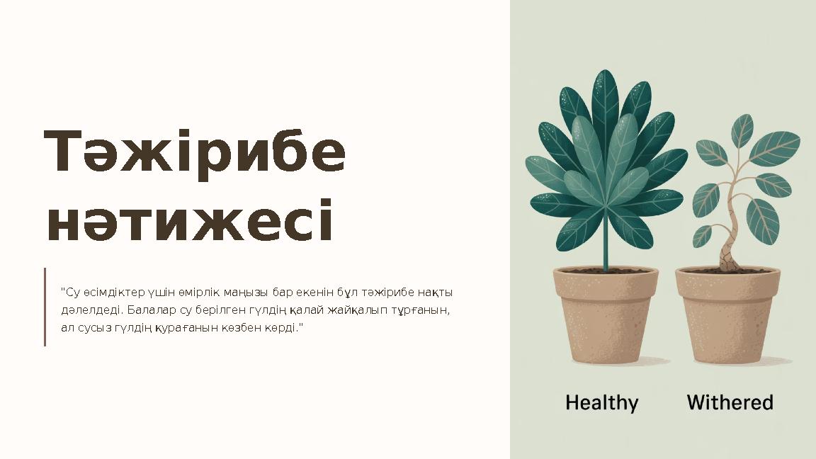 Тәжірибе нәтижесі "Су өсімдіктер үшін өмірлік маңызы бар екенін бұл тәжірибе нақты дәлелдеді. Балалар су берілген гүлдің қалай