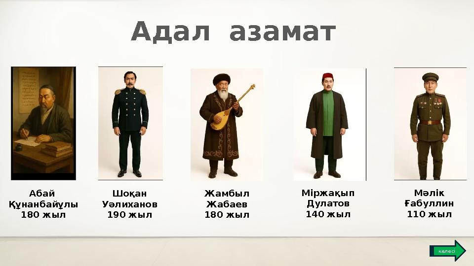 Абай Құнанбайұлы 180 жыл Шоқан Уәлиханов 190 жыл Жамбыл Жабаев 180 жыл Міржақып Дулатов 140 жыл Мәлік Ғабуллин 110 жыл Адал а