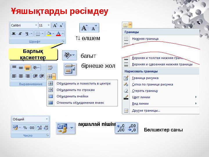 Ұяшықтарды рәсімдеу Барлық қасиеттер Барлық қасиеттер  өлшем бағыт бірнеше жол ақшалай пішім Бөлшектер саны