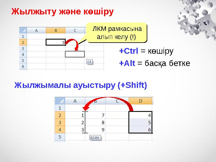 Жылжыту және көшіру ЛКМ рамкасына алып келу (!) ЛКМ рамкасына алып келу (!) +Ctrl = көшіру +Alt = басқа бетке Жылжымалы ауыс