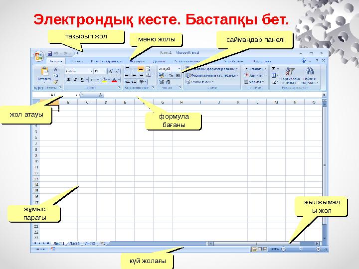 Электрондық кесте. Бастапқы бет. формула бағаны формула бағаны тақырып жол тақырып жол жұмыс парағы жұмыс парағы меню жолым