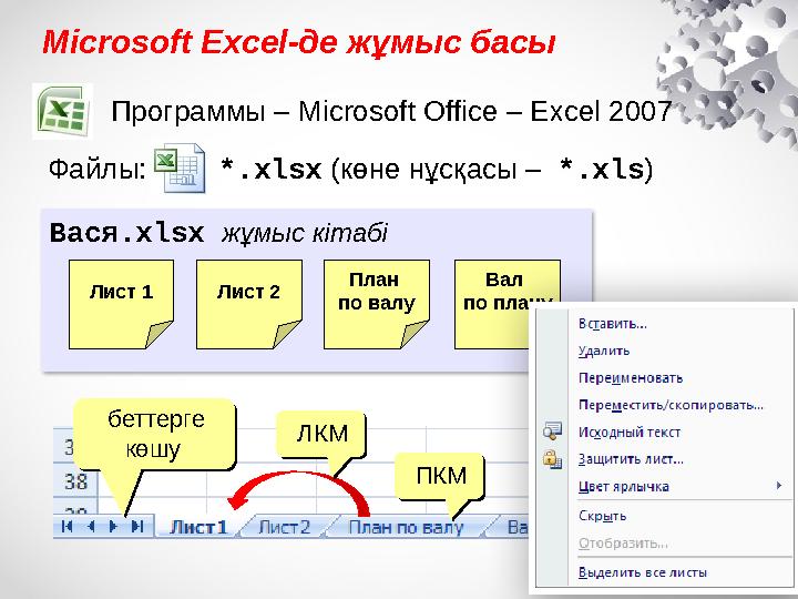 Microsoft Excel-де жұмыс басы Программы – Microsoft Office – Excel 2007 Файлы: *.xlsx (көне нұсқасы – *.xls) Вася.xlsx ж