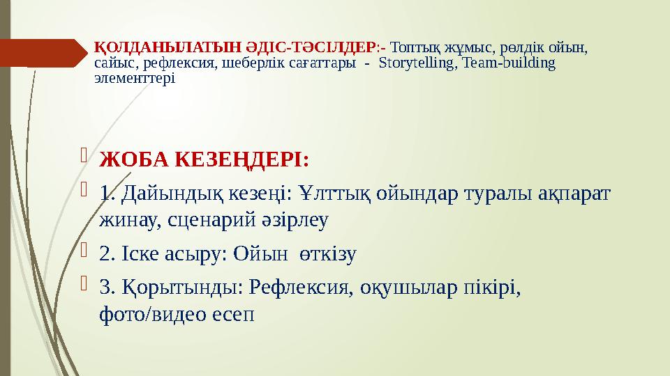 ҚОЛДАНЫЛАТЫН ӘДІС-ТӘСІЛДЕР :- Топтық жұмыс, рөлдік ойын, сайыс, рефлексия, шеберлік сағаттары - Storytelling, Te